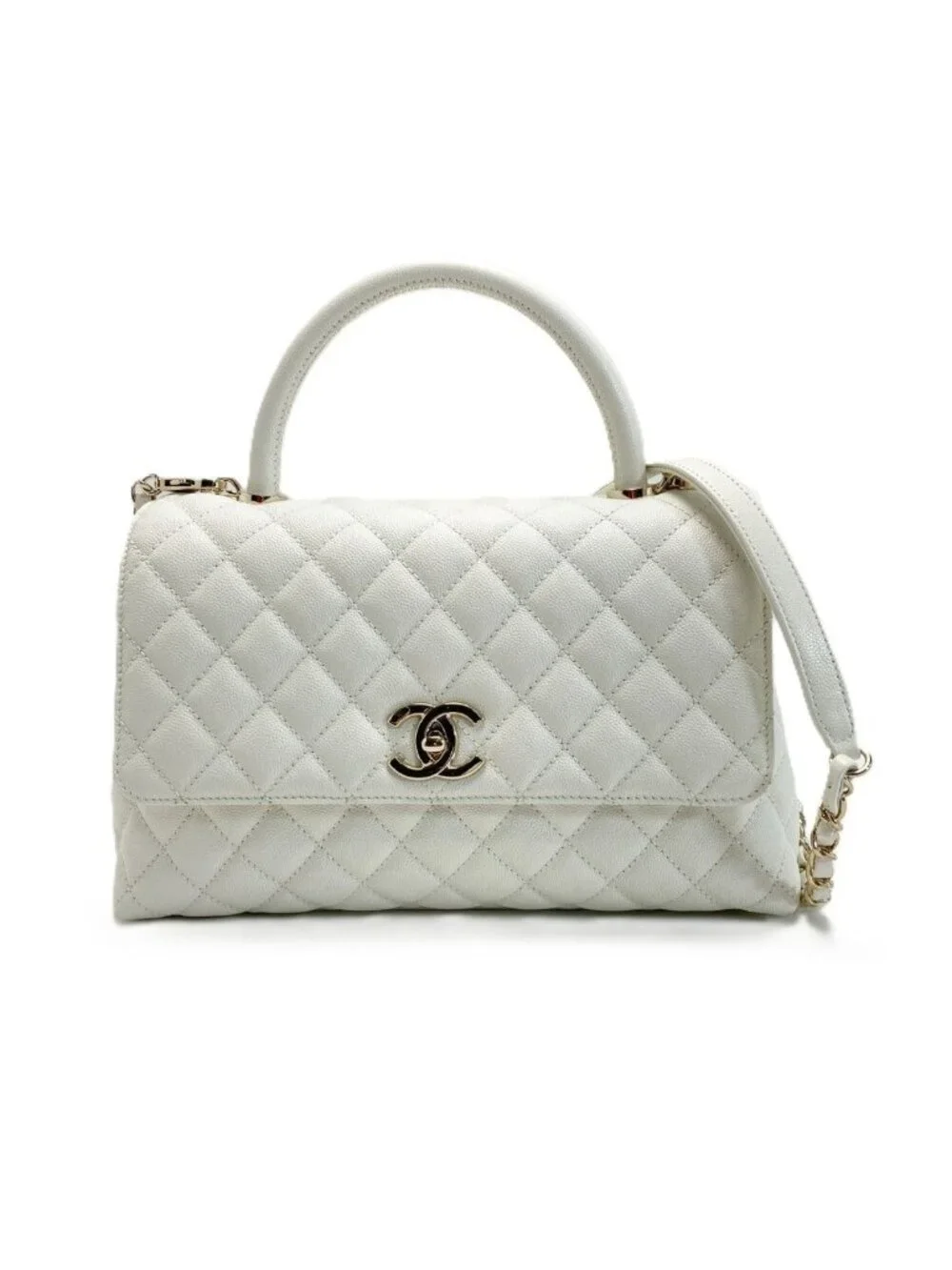 Chanel Coco Handle 29 Quilted White 2-Way Bag Caviar Leather CC Logo